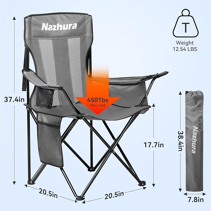 Nazhura 4 Pack Outdoor Camping Chairs Folding/Foldable/Portable with Cooler Pouch, Mesh Backrest and Cup Holder Pocket(Grey) (Grey, 4 Pack)