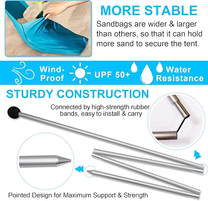 Family Beach Tent with 4 Aluminum Poles, 10x10 FT, with A Floor Mat, UPF50+ Portable Sun Shelter with Reinforced Corners, Outdoor Sunshade for Beach, Camping Trips, Backyard Fun or Fishing