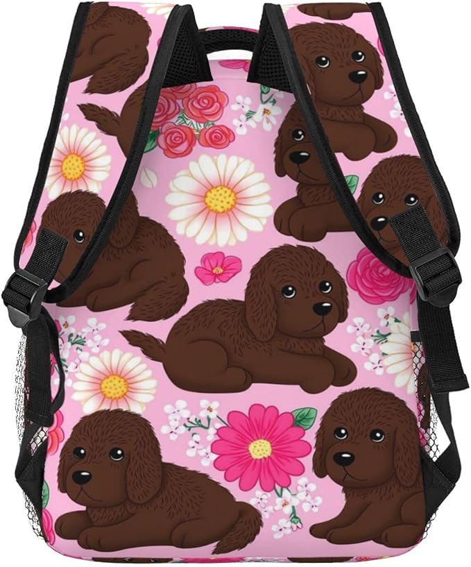 Lightweight Daypack Bookbag for Trekking Business Walking Cycling, Big Capacity Anti-Theft Multipurpose Carry On Bag, Golden Retriever Dog Pink Flower Business Computer Bag