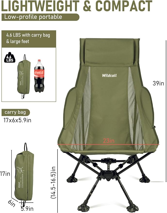WildCall Lightweight Folding High Back Camping Chair with Head Support, Compact Beach Chair with Anti-Sinking Large Feet and Three Tilt Angles Adjustment