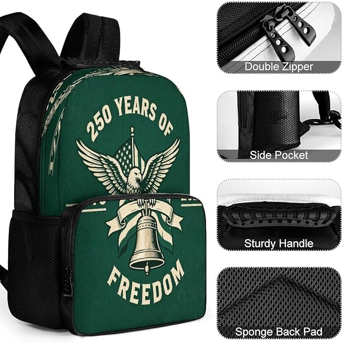 Men Women Lightweight 250 Years 1776-2026 250th Birthday Eagle Liberty Art Casual Daypack Big Capacity Bookbag With Padded Straps for Gym Travel Walking Cycling