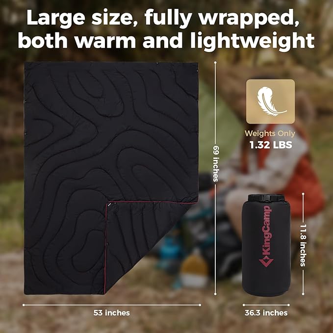 KingCamp Ultralight Camping Blanket, Packable Down Alternative Puffy Wearable Blankets Weatherproof Warm Package Quilt with Snap Buttons & Corner Loops for Outdoor Travel Stadium (69"L x 53"W, BLACK)