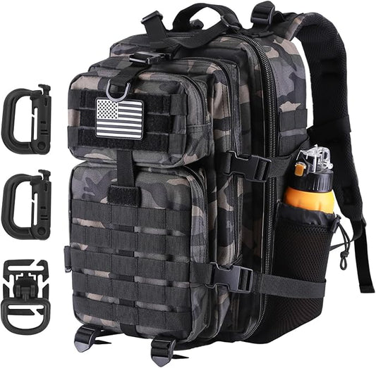 30L MOLLE Assault Pack, Tactical Backpack Military Army Camping Rucksack with Bottle Holder, 3-Day Pack, Black Camo
