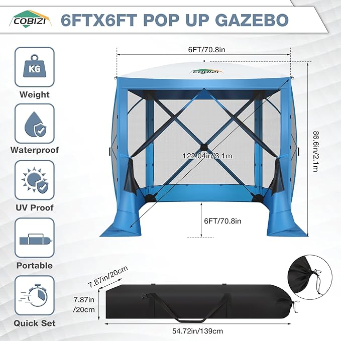 COBIZI Pop Up Gazebo Screen Tent Screen House for Camping, 6FTx6FT Screen Room with Mosquito Netting, Hub Tent Instant Screened Canopy with Carrying Bag and Ground Stakes, Blue