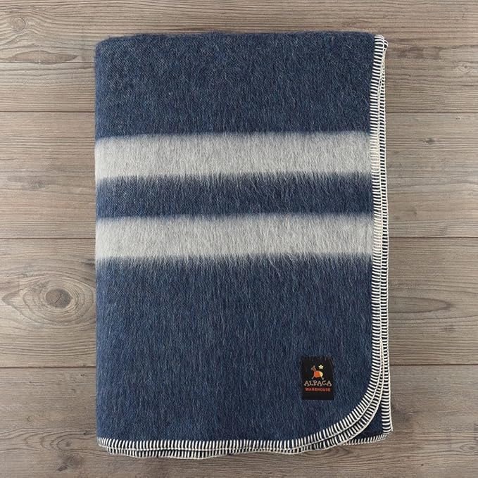 Thick Alpaca Wool Blanket Heavyweight Camping Outdoors Indoors Soft Peru Queen Size Stripes Design (Blue Jean/Soft Gray, Queen Size)