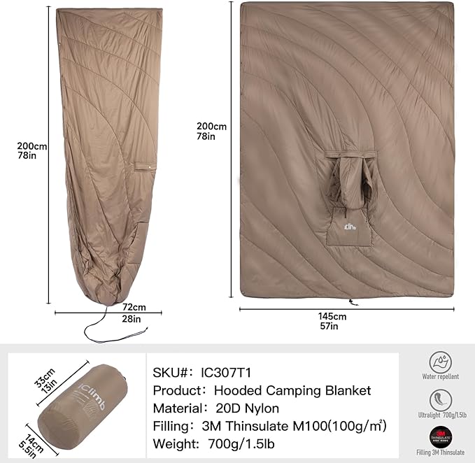 iClimb Hooded 3M Thinsulate Insulation Warm Camping Blanket Wearable Poncho Ultralight Compact