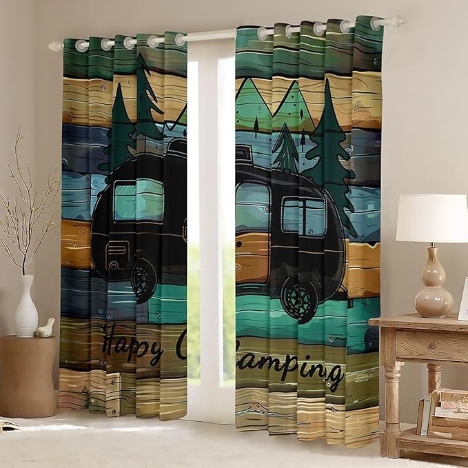 jejeloiu Happy Camping Blackout Curtains 30%-50% Vintage Darkening Drapes for Bedroom Living Room Decor Cartoon Camping Car Thermal Insulated Shades Window Treatments, 2 Panels 38 x 45 Inch