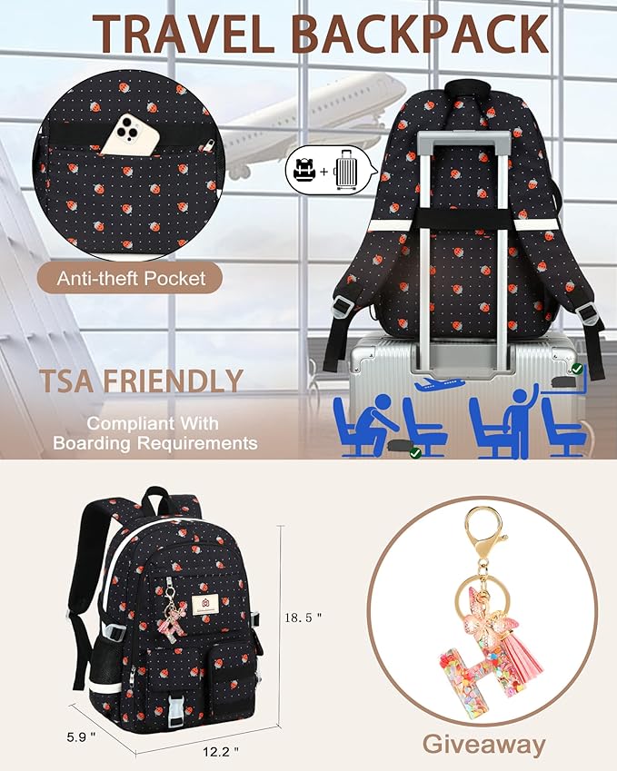 Laptop School Backpack for Teen Girls Women 15.6 Inch Cute College Backpacks Large Elementary Middle High School Bag Kids Student Strawberry Bookbag Anti Theft Travel Casual Daypack (Black-Strawberry)