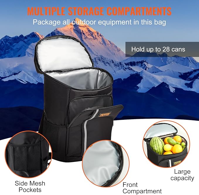 VEVOR Cooler Backpack, 28 Cans Backpack Cooler Leakproof, Waterproof Insulated Backpack Cooler, Lightweight Beach Cooler Bag with Shoulder Padding and Mesh Pocket for Hiking, Camping, BBQ