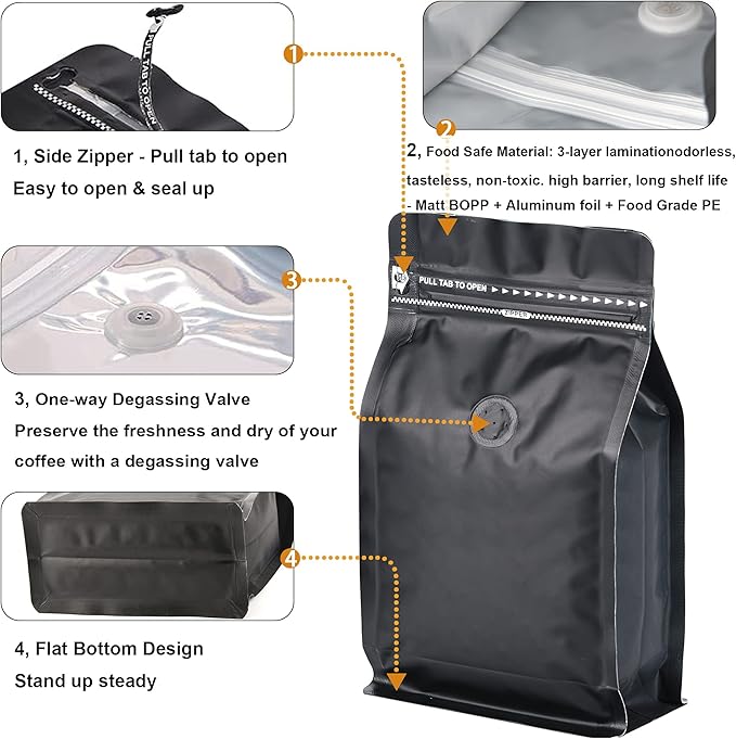 50 Pack Coffee Bags with Aluminum Foil and Degassing Valve, Resealable High Barrier Storage Bags, Odor-Proof for Coffee Beans, Stand Up Coffee Pouch, Flat Bottom (Medium-12OZ, Black)