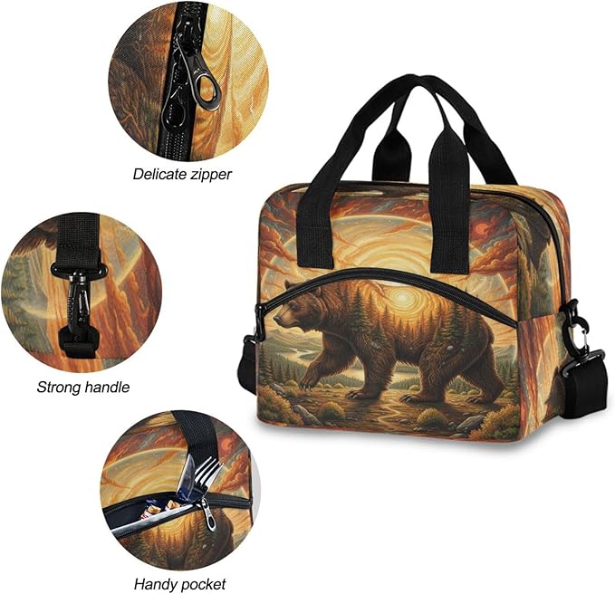 ALAZA Bear at Sunset Lunch Box for Men Women Adults Insulated Lunch Bag Cooler Bag with Adjustable Shoulder Strap for Work Picnic Travel