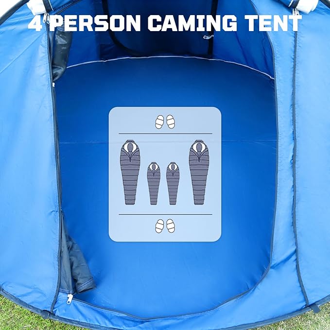 Instant Camping Tent 4 Person Pop Up Portable Instant Cabin Tent with 1-Minute Setup Lightweight Tent for Camping Beach Outdoor Travel Backyard Blue