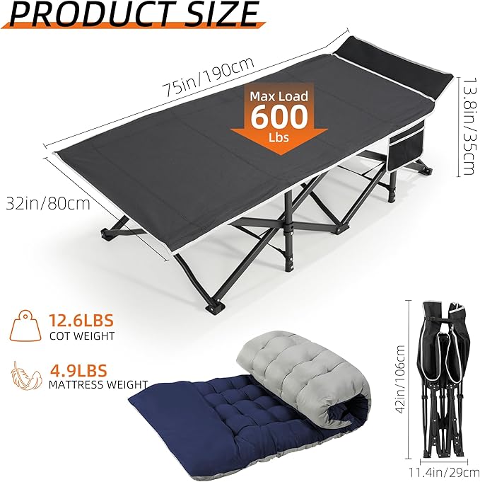 Portable Camping Cot, 32" Extra Wide Camping Cots for Adults with Thick Mattress, Heavy Duty Sleeping Cot Holds Up to 600LBS, Cots for Sleeping, Rv, Beach, Patio, Office Naps 2Pcs (Blue)