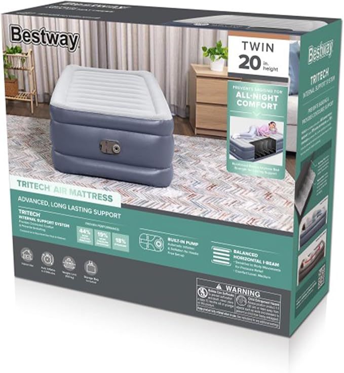 Bestway Air Mattress, TriTech Twin Airbed with Built-in Pump and Storage Bag, Gray