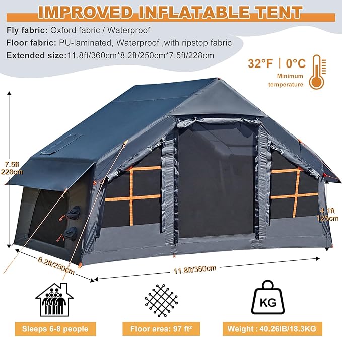 Inflatable Tents for Camping with Stove Jack, 2/4/6/8 Person Easy Setup Blow Up Tents for 4 Seasons Waterproof Inflatable Camping Tent with Awning, Air House Glamping Tents for Camping Adult