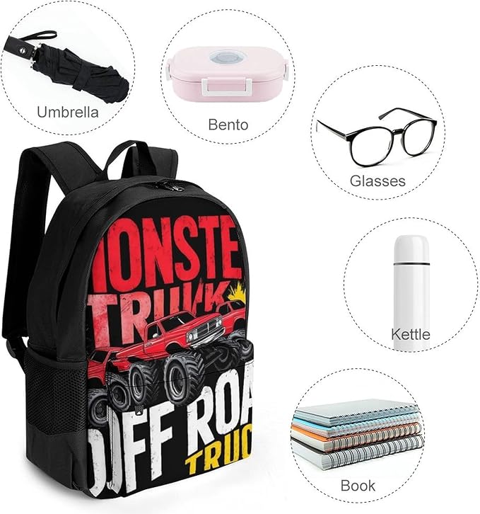 Polyester Daypack for Hiking Work Running, Big Capacity Anti-Theft Multipurpose Shoulder Bag, Monster Truck Car Red Black Travel and Sport Backpack Rucksack