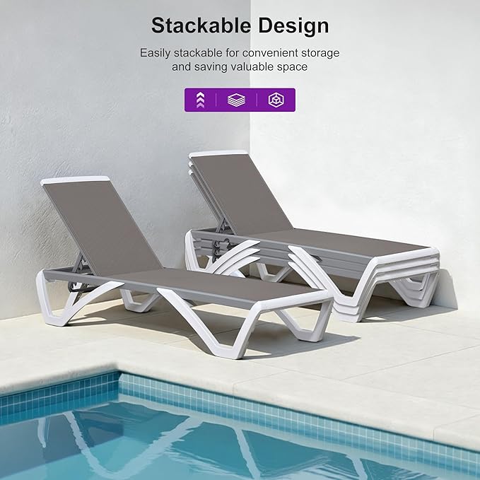 PURPLE LEAF Patio Chaise Lounge Chair Outside Aluminum Plastic Stackable Tanning Chairs for Pool Sunbathing Beach Deck Outdoor Lounger, Taupe