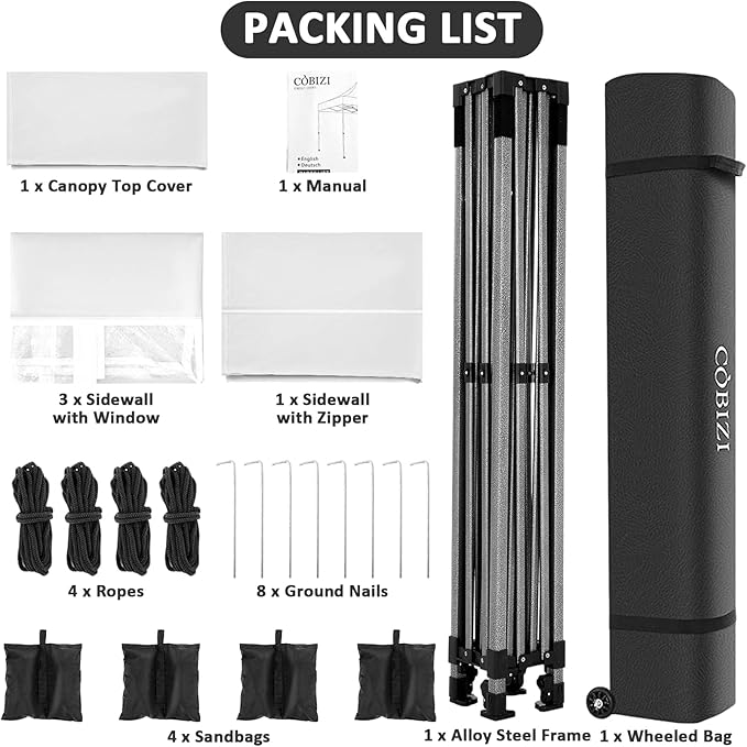 COBIZI 10x10 Pop up Canopy Tent with 4 Sidewalls, Waterproof Heavy Duty Commercial Canopy for Parties, Outdoor Tent, Garden Gazebo, Carry Bag with Wheel (10x10ft, White)