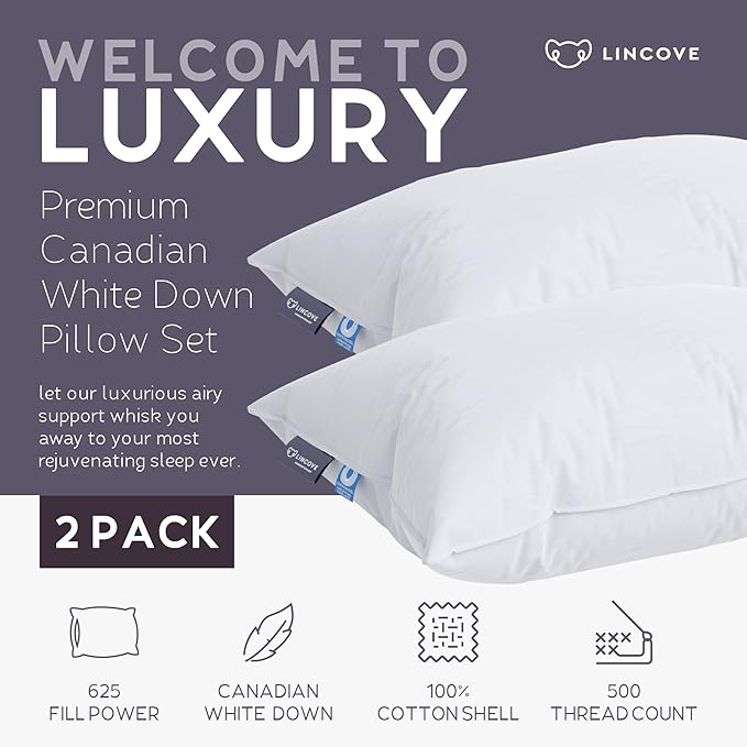 Lincove Cloud Natural Canadian Down Pillow, White Luxury Sleeping Pillow - 625 Fill Power, 500 Thread Count Cotton Shell, Made in Canada, Standard - Medium, 2 Pack