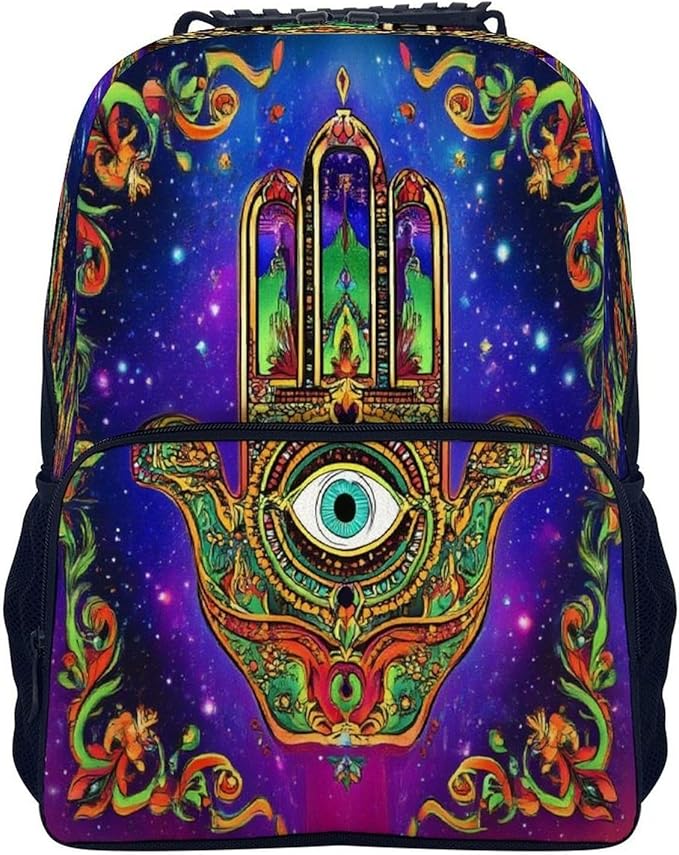 Polyester Daypack Backpack for Climbing Outdoors Running, Big Capacity Multipurpose Anti-Theft Bookbag, Colorful Eye Hamsa Hand Lotus Ethnic Indian Art Travel Hiking Camping Rucksack