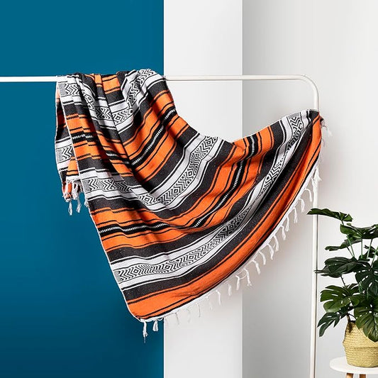 Airooglee Large Mexican Blanket - Perfect as Yoga Blanket, Outdoor Blanket, Beach Blanket, Serape Blanket, Picnic Blanket, Camping Blanket, Boho Home Décor (Orange)