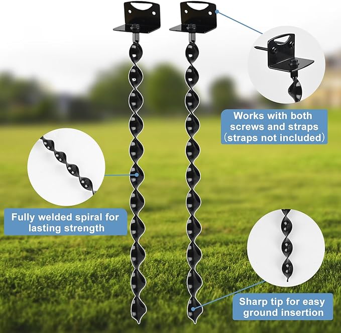 24" Heavy Duty Ground Anchors Screw in, 4 Pack Earth Anchors with Drill Adapter & Brackets, Metal Shed Anchor Kit for Storage Sheds, Mobile Home, Swing Set, Trampoline, Tent, Dog Tie-Out (No Straps)