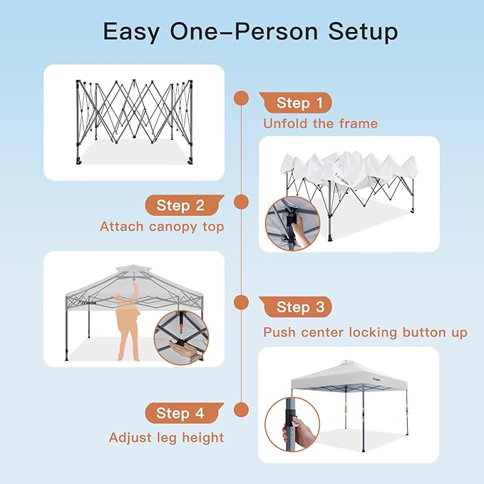 Amada 10x10 Pop Up Canopy - Center Lock One Push Instant Setup Gazebo Outdoor Canopy Beach Tent with STO-N-Go Bag 8 Stakes & 4 Sand Bags, 3-Height Adjustable Shade Shelter (10x10ft, White)
