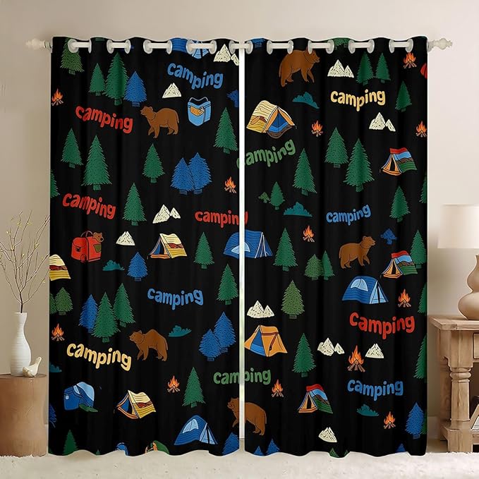 jejeloiu Happy Camping Curtains for Bedroom Living Room Camping Bear 30%-50% Blackout Shades Outdoor Tent Campfire Pattern Room Darkening Curtain Window Treatments, 2 Panels 42 x 63 Inch Decor