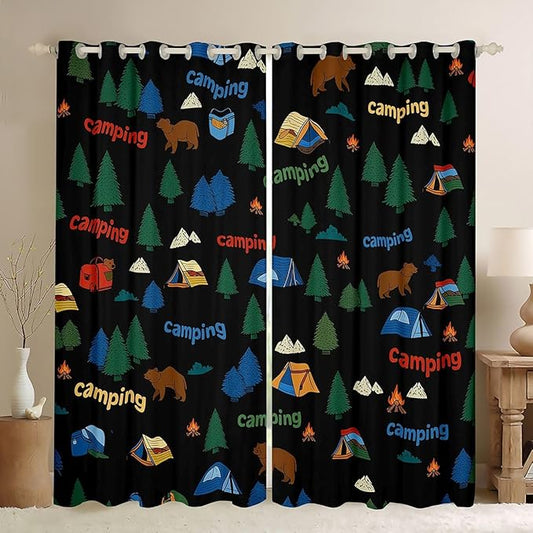 jejeloiu Happy Camping Curtains for Bedroom Living Room Camping Bear 30%-50% Blackout Shades Outdoor Tent Campfire Pattern Room Darkening Curtain Window Treatments, 2 Panels 52 x 84 Inch Decor
