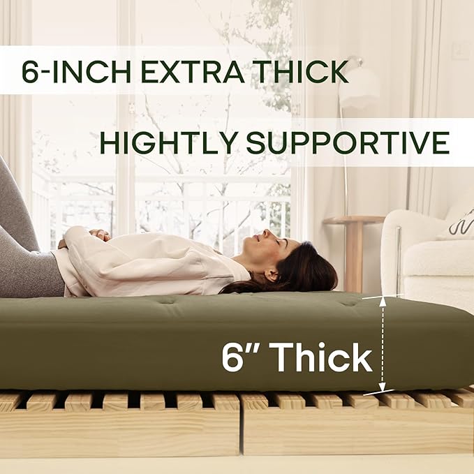 ZonLi Japanese Floor Futon Mattress Full Size 54"x75"100% Cotton Cover 6''Thicken Tatami Mattress,Foldable Sleeping Pad,Portable Dormitory Tatami Mat,Roll Up Floor Lounger Bed for Adult (Winter Moss)