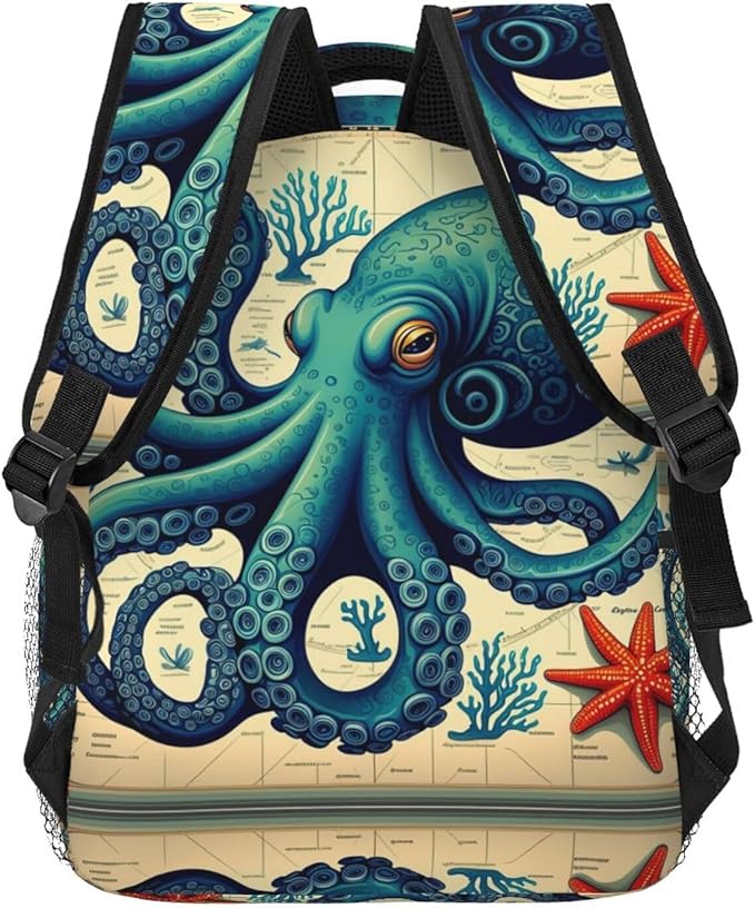 Polyester Daypack Backpack for Trekking Picnic Walking Cycling, Large Capacity Anti-Theft Multipurpose Shoulder Bag, Retro Octopus Art Casual Daypack