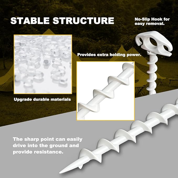 Tent Stakes Ground Anchors Screw in, 10 Pack Sand Stakes for Beach 9.4 Inch Heavy Duty Spiral Tent Pegs for Camping, Party, Hiking, Outdoor Decoration (10, White)