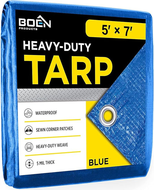 Multi-Purpose Tarp Waterproof Cover | Blue, 5' x 7' 5 Mil Thick | Rip Proof Tarps | Thick Weave Material, UV Resistant Great for Tarpaulin Canopy Tent, Boat, RV or Pool Cover
