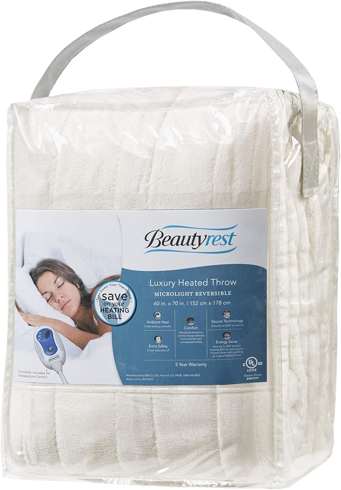 Beautyrest Heated Electric Blanket for Cold Weather, Fast Heating Heated Blanket, Auto Shut Off, Virtually Zero EMF, Multi Heat Setting, UL Certified, Ivory Throw (60 inx70 in)