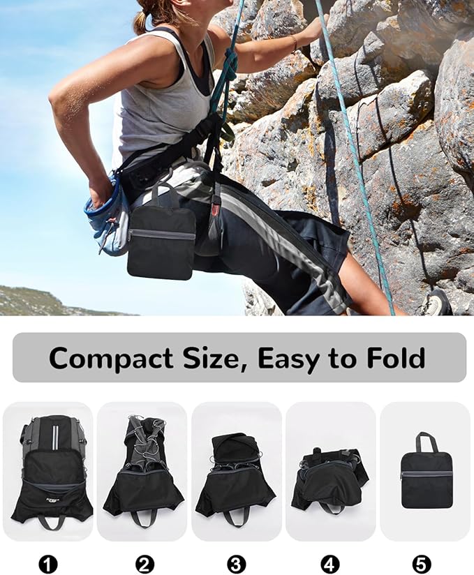 Foldable Cycling Backpack for Men Women, Small Packable Waterproof Hiking Daypack with Waist Belt, 6L Lightweight Mountain Bicycle Backpack fit Helmet for MTB Biking Skiing Climbing, Black