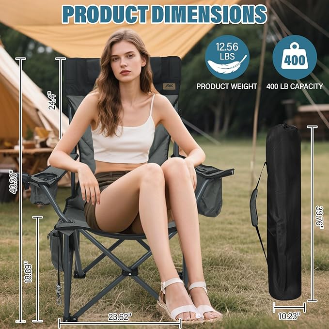 Oversized High-Back Camping Chairs with Pillow, Dual Cup Holders & Cooler Bag - Heavy Duty Foldable Outdoor Chair for Adults4PC (1, BLACKGREY-3PC-SET)