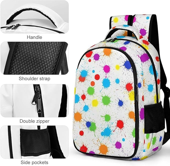 Hiking Travel Backpack Paint Splatter Colorful for Men Women, Waterproof Anti Theft Laptop Rucksack with Multi Compartments for Outdoor Sports