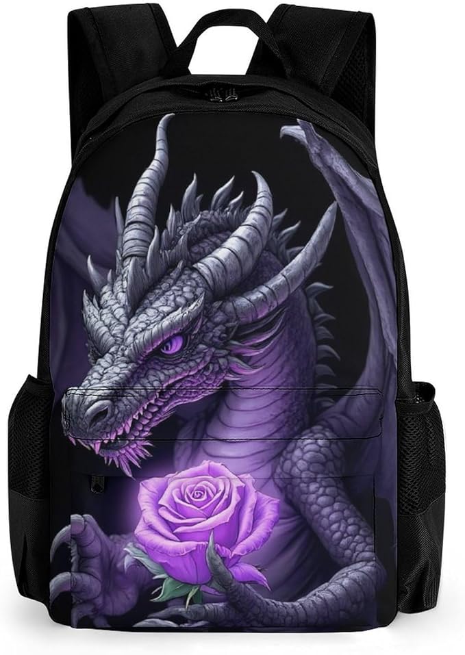 Lightweight Backpack for Gym Travel Bicycle, Big Capacity Multipurpose Anti-Theft Carry On Bag, Cool Dragon Purple Rose Black Travel Hiking Bag Day Pack