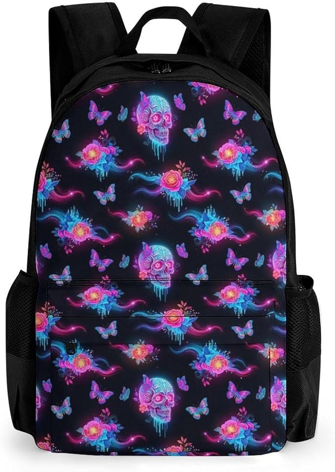 Polyester Daypack Backpack for Sports Travel Running, Big Capacity Anti-Theft Multipurpose Carry On Bag, Colorful Skulls Galaxy Butterflies Art Laptop Book Bag Rucksack