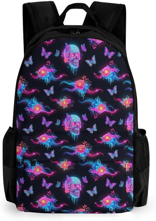 Polyester Daypack Backpack for Sports Travel Running, Big Capacity Anti-Theft Multipurpose Carry On Bag, Colorful Skulls Galaxy Butterflies Art Laptop Book Bag Rucksack