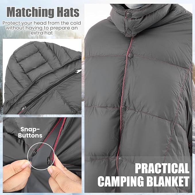 Hooded Down Camping Blanket Waterproof 650 Fill Puffy Poncho Blanket 77" x 50" Packable Wearable Sleeping Bag with Detachable Hat Outdoor Stadium Camping Cold Weather, 1.36 lb(Grey)