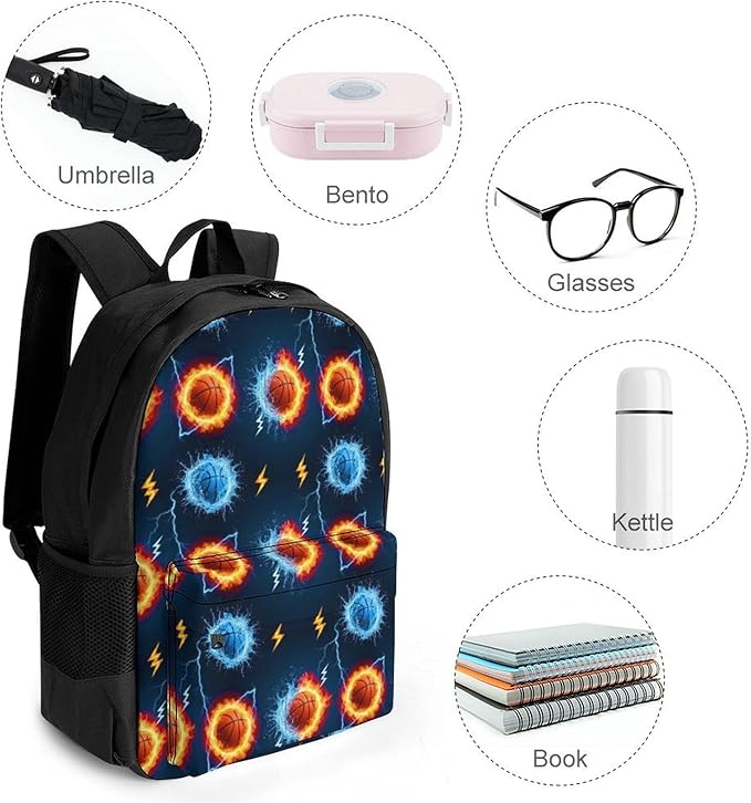 Casual Daypack Multipurpose Anti-Theft Large Capacity Carry On Bag, Water Fire Flame Basketball Casual Daypack Climbing Shoulder Bag With Padded Straps