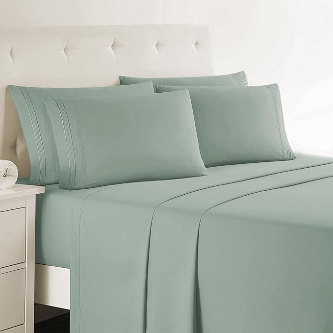 Clara Clark King Sheets - Hotel Luxury 6 Piece Bed Sheets for King Size Bed - Soft Bedding Sheets & Pillowcases, Fits Mattress up to 16 inch deep. King, New Sage Green