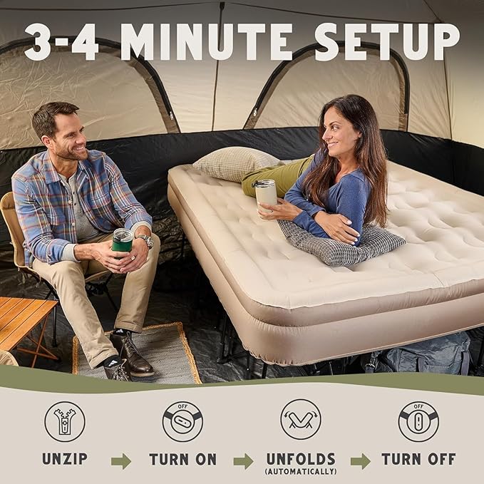 Queen Air Mattress with Frame, Self Inflating/Deflating Blow Up Bed for Adults - PeakRest Camping Cot with Mattress - Portable Queen Size with Travel Rolling Case on Wheels