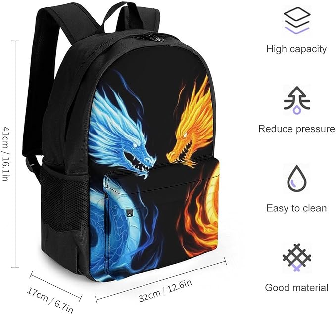 Men Women Polyester Ice Blue And Red Fire Flame Dragon Daypack Big Capacity Shoulder Bag With Smooth Zippers for Hiking Work Walking Cycling