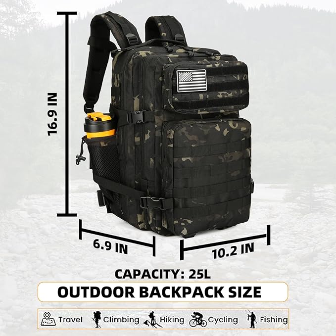 25L Tactical Backpack for Men and Women Military Backpack Small Assault Pack Molle Backpack Bug Out Bag Travel Rucksack Daypack (Black Camo)