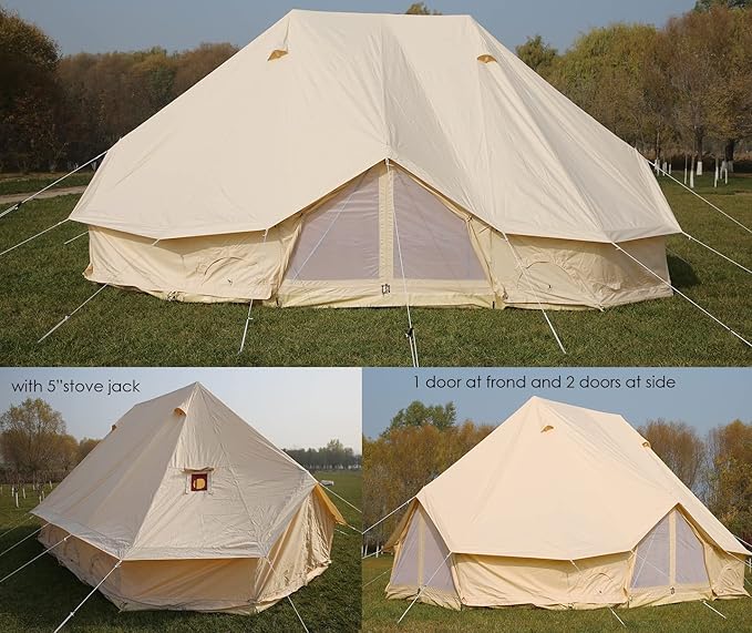 6M/19.6FT Extra Large Waterproof Cotton Canvas Camping Bell Tent with 3 Doors and 6 Windows for 8-12 Persons Camping Hiking Family Party Outdoor Hunting