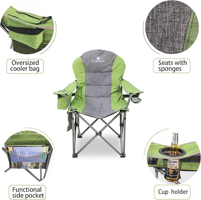 Northroad Oversized Portable Camping Chair, Full Padded Outdoor Folding Chair Support 350 LBS, Heavy Duty Lawn Chair with Cup Holder, Cooler Bag, Lumbar Support, Head Pocket for Adult (Green)