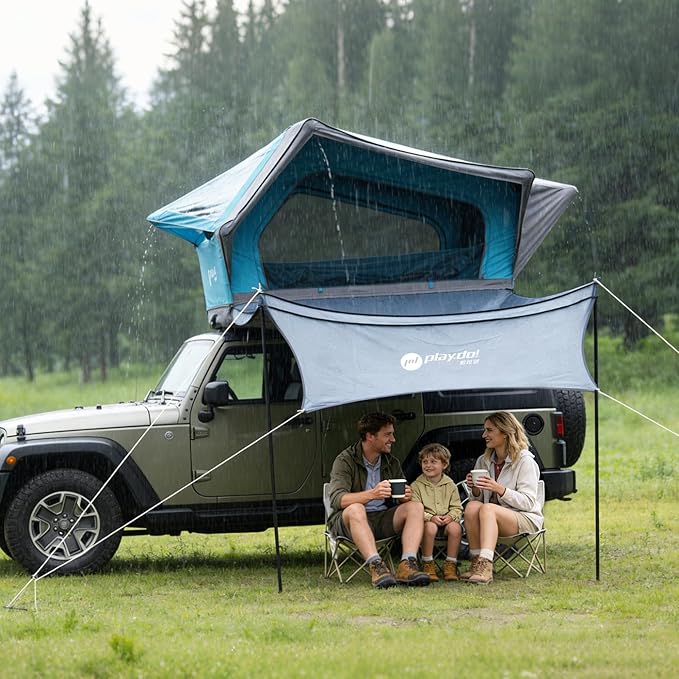 PlayDo Inflatable Rooftop Tent Easy Set Up Pop Up Roof Tent Air Extra Wide Large for 3 Person Family Camping Waterproof Cotton Tents for Truck Car SUV with Light, Skylight