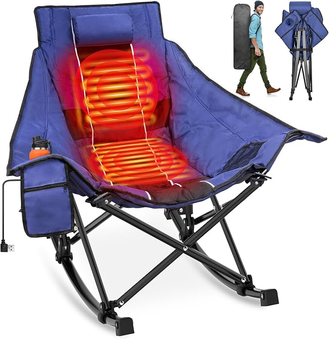 Suteck Heated Rocking Camping Chair - Fully Thicker Padded Heated Chairs for Outdoor Sports W/3 Heat Levels for Back & Seat, Heated Folding Chair for Adults with Carry Bag- Battery NOT Included